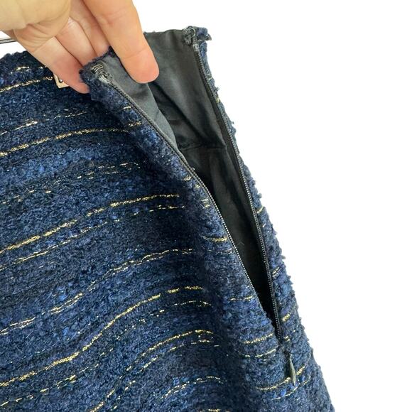 LOFT Blue Gold Shimmery Wool Blend Straight Lined Boucle Mini Skirt Size 12 - Picture 5 of 7